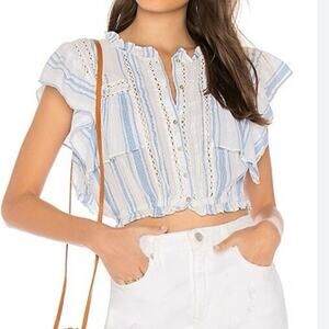 LoveShackFancy Nora Handkerchief Crop Top Blue Stripes Flutter Sleeve Size M